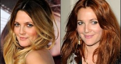 Drew Barrymore with dark to blonde hair and Barrymore with red hair