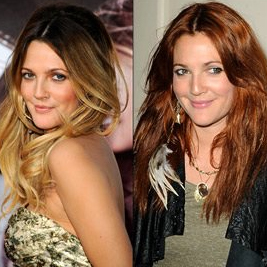 Drew Barrymore with dark to blonde hair and Barrymore with red hair